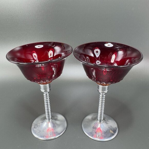 Art Deco Ruby Red Cadmium UV Glow Cocktail Glass Cups Chrome Stems Glasses Set 2 - Picture 1 of 16